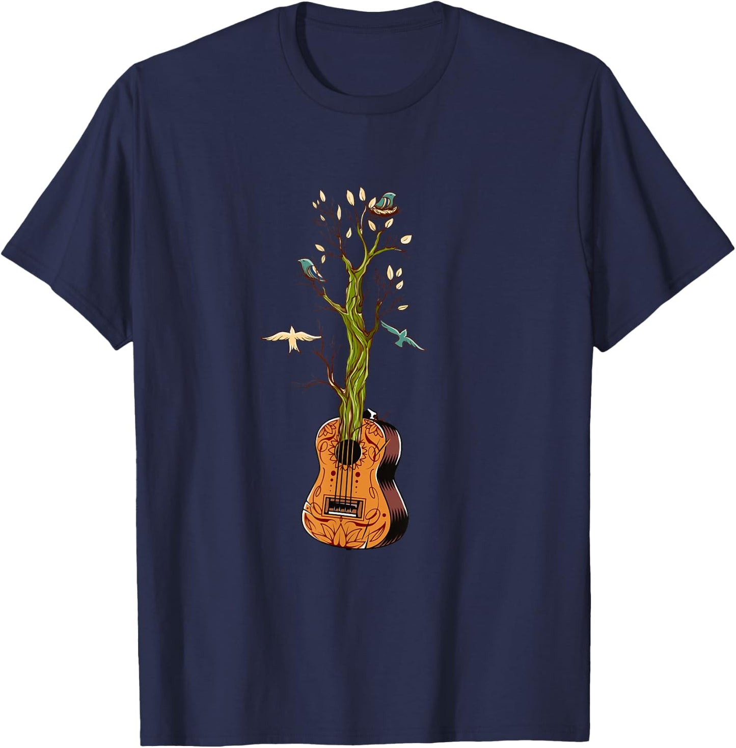 Flowers Birds Tree Nature Guitar T-Shirt - T-Shirt | Navy