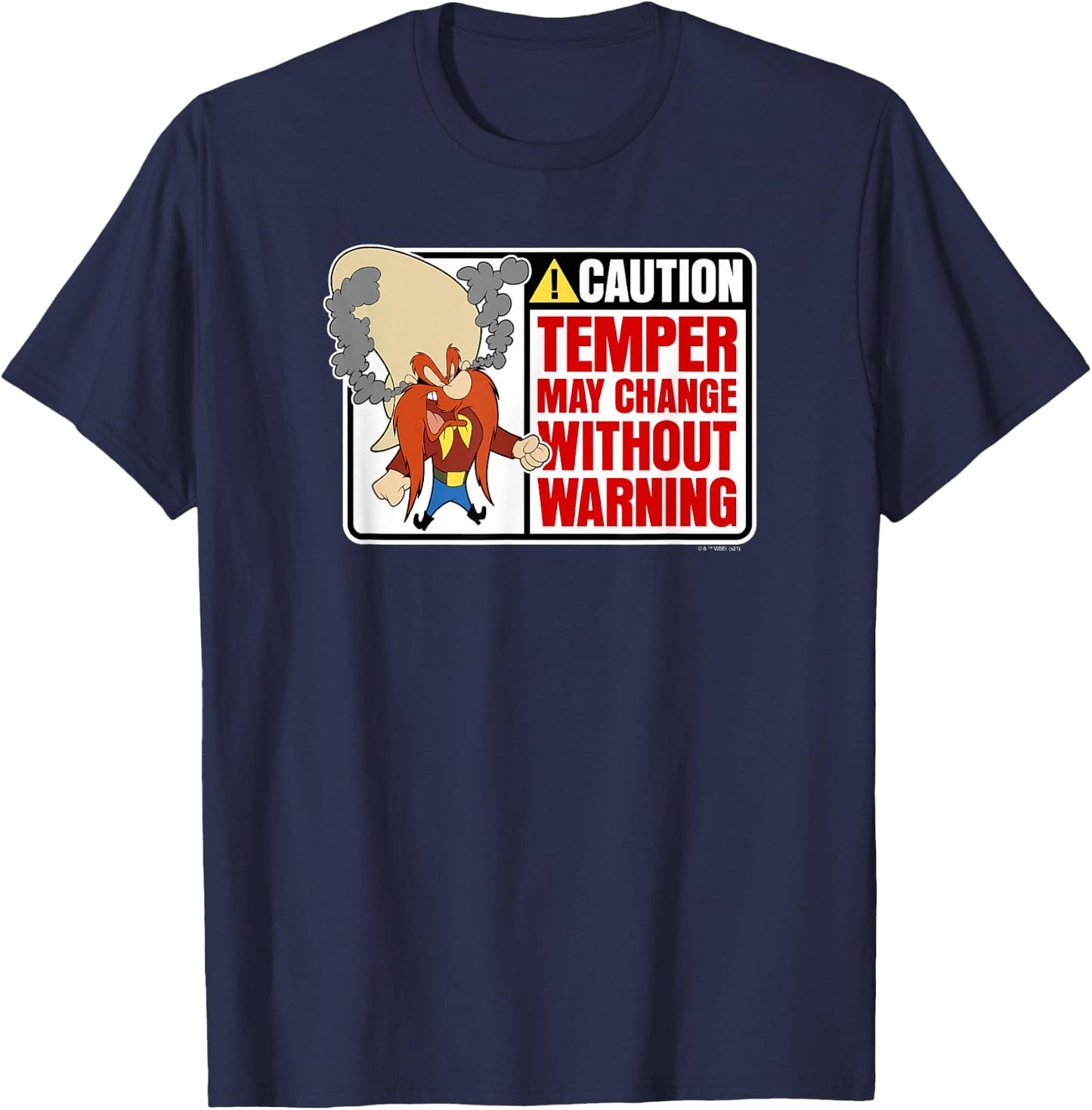 Looney Tunes Yosemite Sam Caution Temper May Change Sign T-Shirt - T-Shirt | Navy