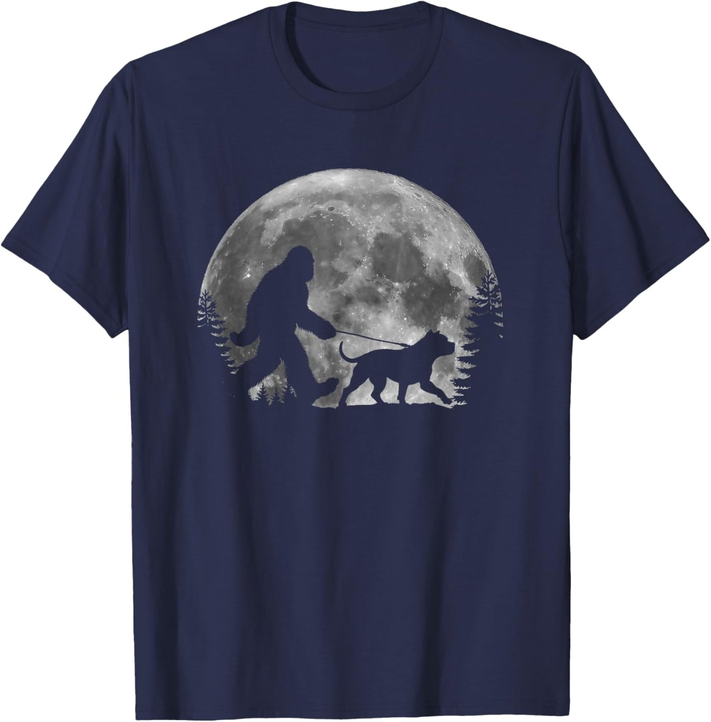 Bigfoot Walking a Dog Funny Pit Bull Lovers Moon Halloween Men Women Kids T-Shirt - T-Shirt | Navy
