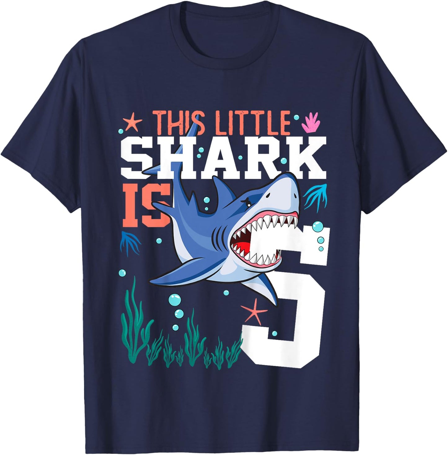Turning 5 Year Old Birthday Gift Boy Shark 5th Bday Girl T-Shirt - T-Shirt | Navy