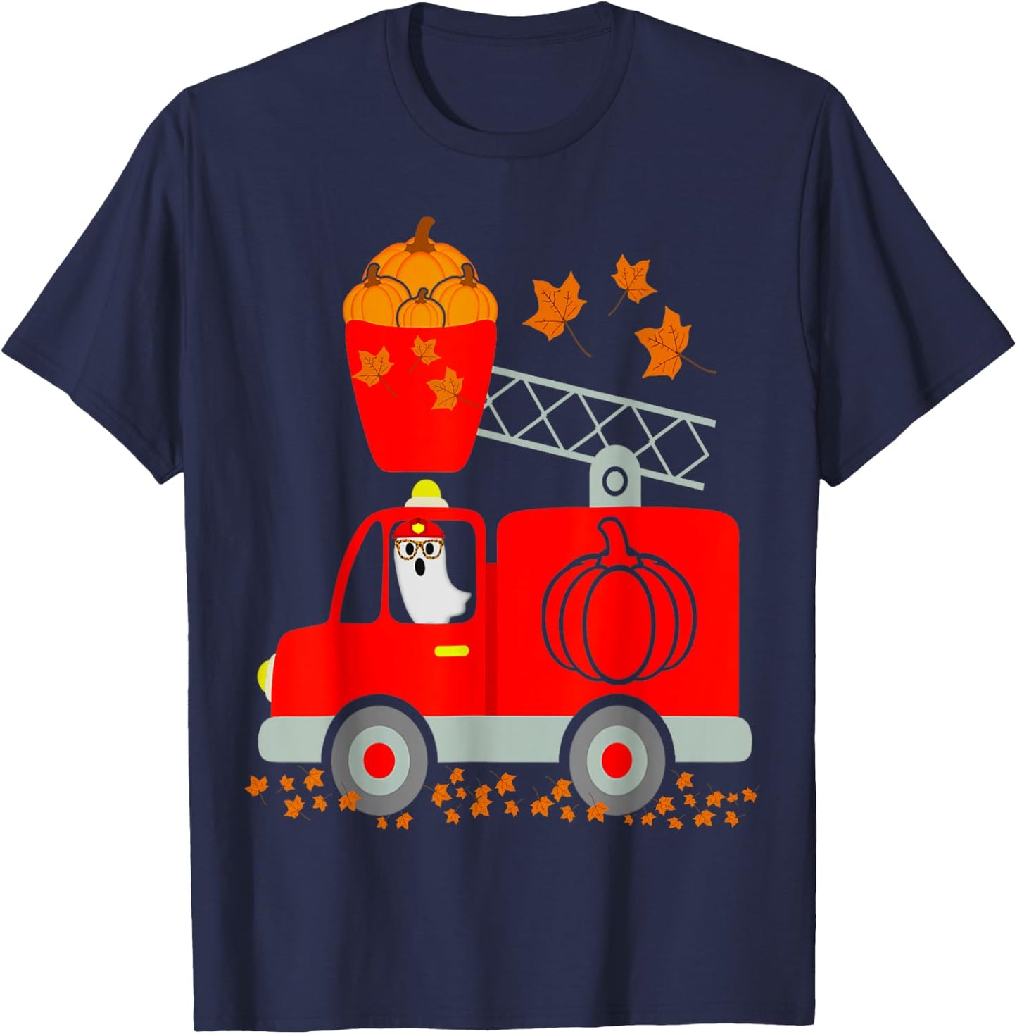 Funny Ghost Pumpkin Fire Truck Halloween For Son Kids Adult T-Shirt - T-Shirt | Navy
