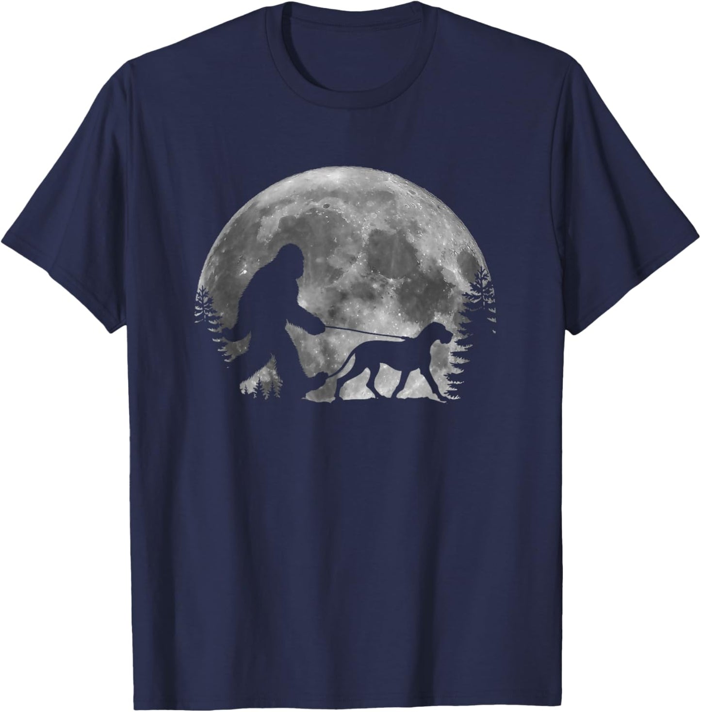 Bigfoot Walking a Dog Funny Great Dane Lovers Moon Halloween Men Women Kids T-Shirt - T-Shirt | Navy