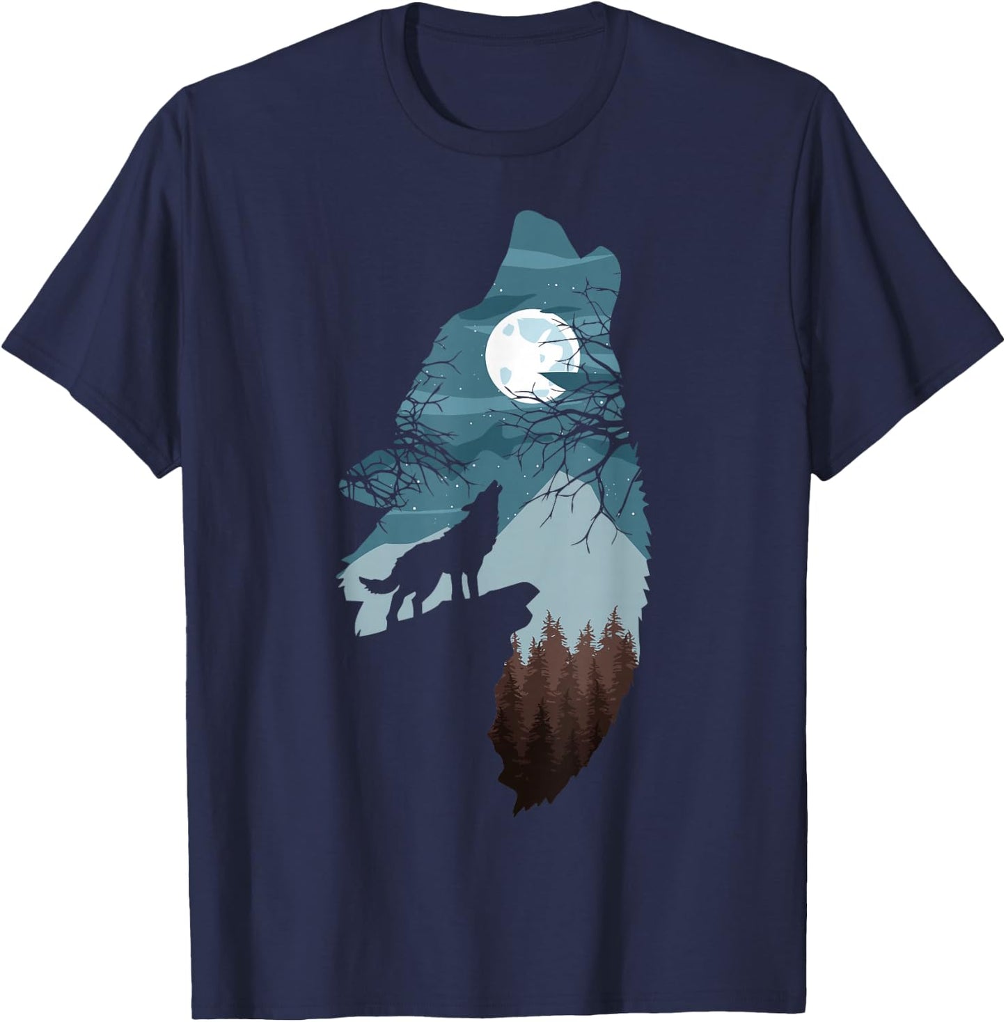 Forest with Full-Moon and Cliff of Silhouette Howling Wolf T-Shirt - T-Shirt | Navy