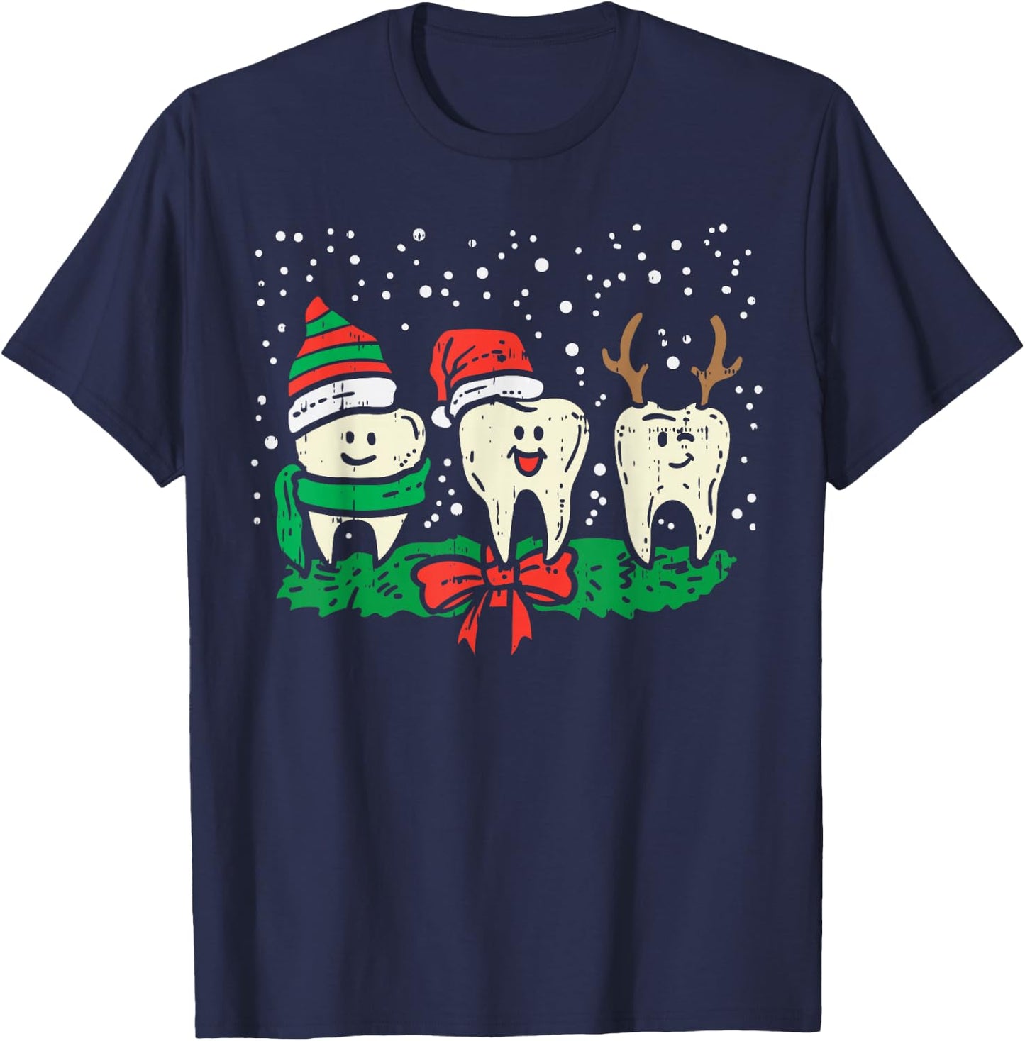 Dental Cute Christmas Teeth Reindeer Santa Snow Dentist Gift T-Shirt - T-Shirt | Navy