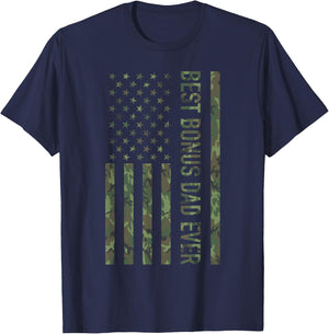 Best Bonus dad Ever US American Military Camouflage Flag T-Shirt - T-Shirt | Navy