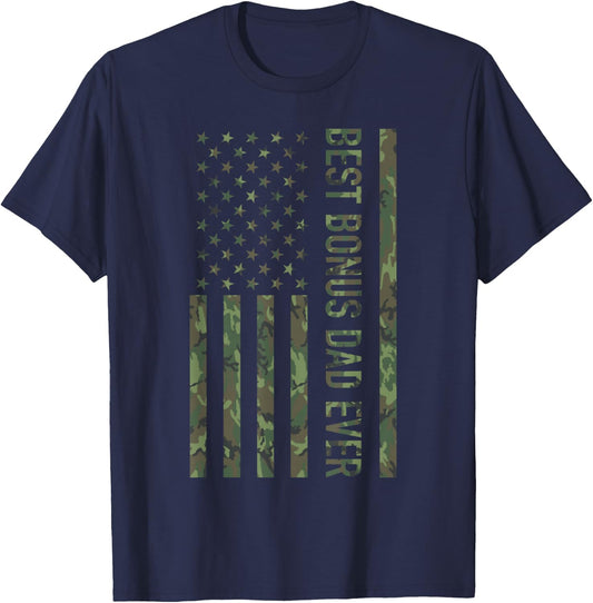 Best Bonus dad Ever US American Military Camouflage Flag T-Shirt - T-Shirt | Navy