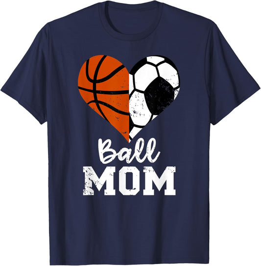 Ball Mom Heart Funny Soccer Basketball Mom T-Shirt - T-Shirt | Navy