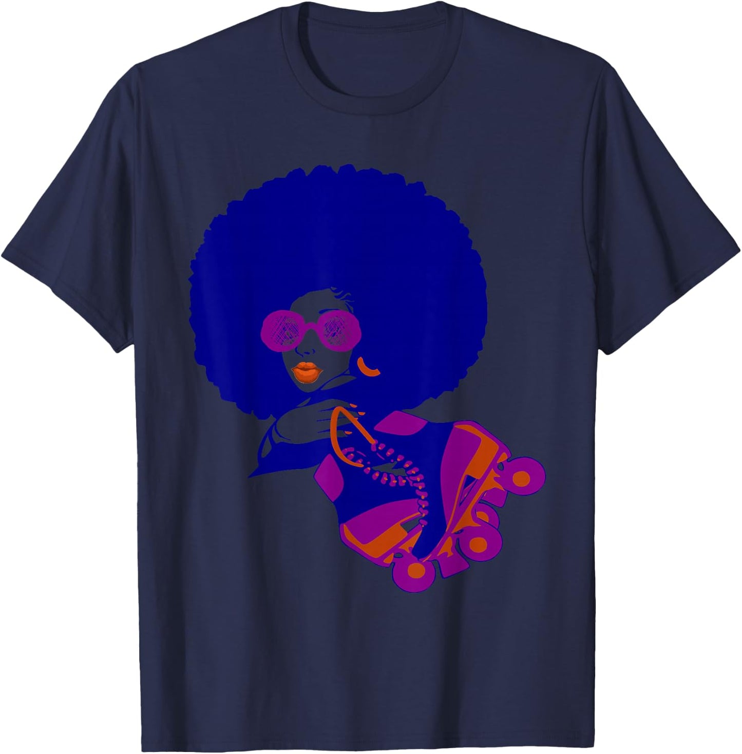 70's Afro Woman Roller Skates Teens and Women T-Shirt - T-Shirt | Navy