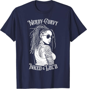 Black Girl Nerdy Curvy Inked And Loc’d Tattoo Woman T-Shirt - T-Shirt | Navy