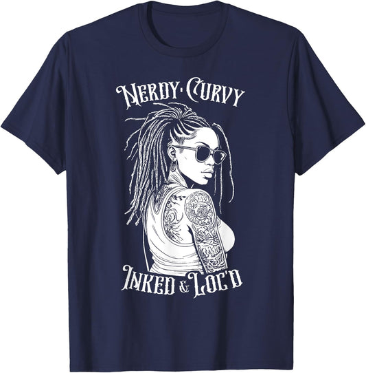 Black Girl Nerdy Curvy Inked And Loc’d Tattoo Woman T-Shirt - T-Shirt | Navy