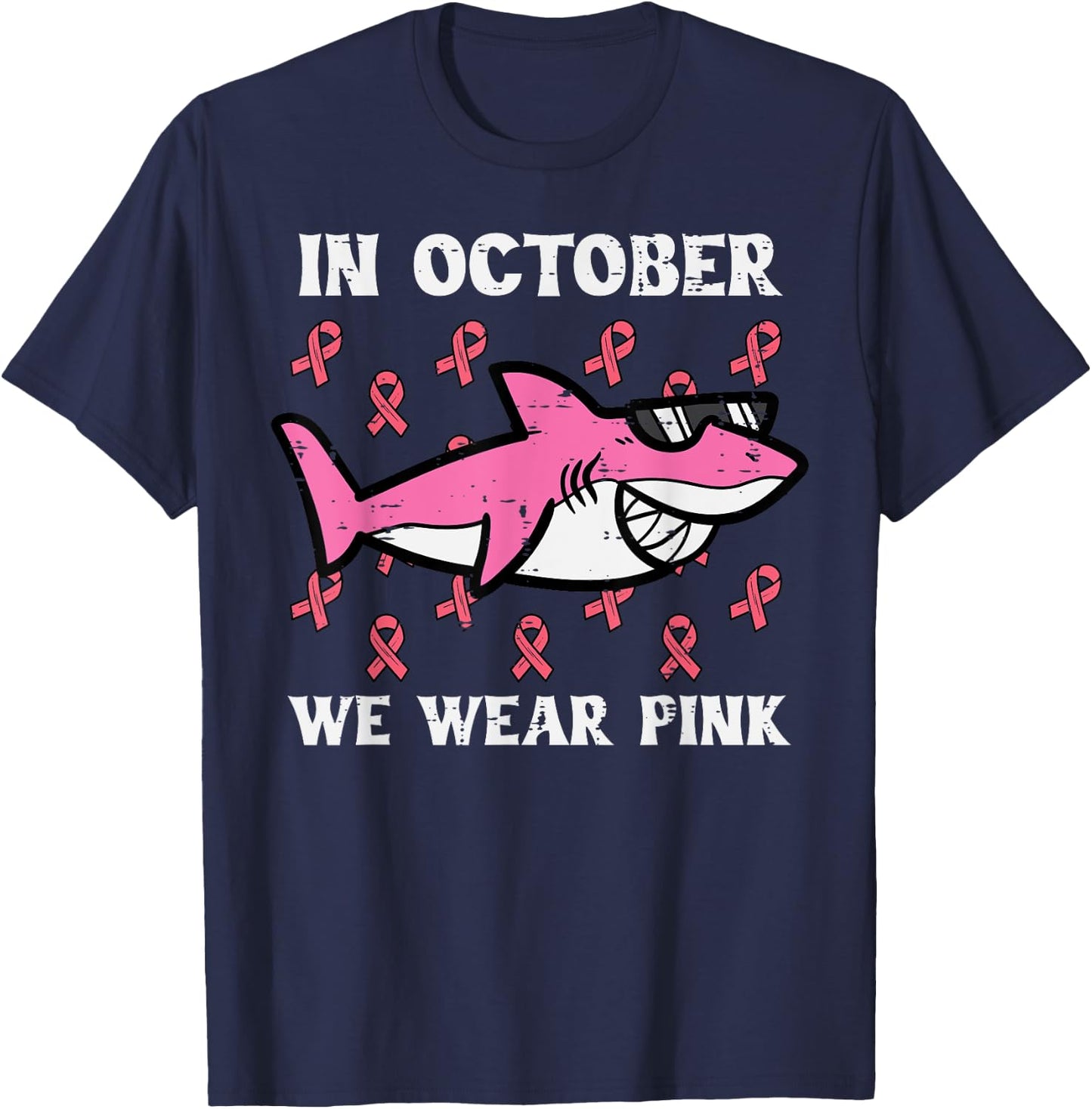October We Wear Pink Shark Breast Cancer Awareness Boys Kids T-Shirt - T-Shirt | Navy