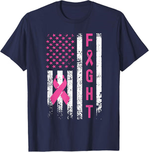 Fight Breast Survivor American Flag Breast Cancer Awareness T-Shirt - T-Shirt | Navy