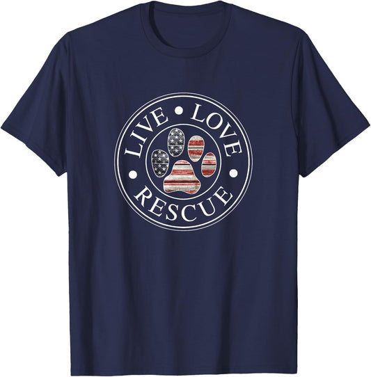 Live Love Rescue Patriotic American Flag Dog Paw Emblem T-Shirt - T-Shirt | Navy