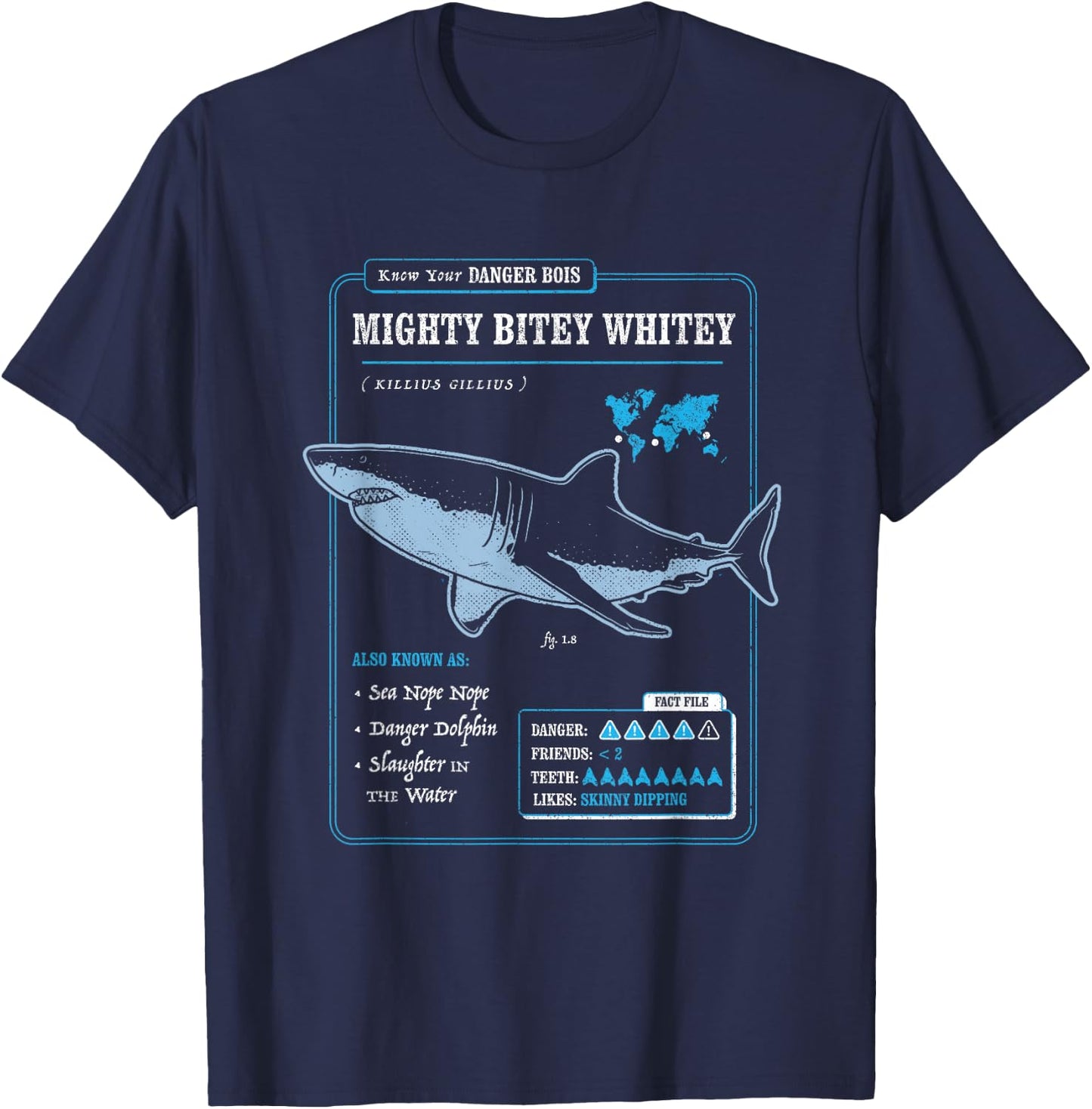 Know Your Mighty Bitey Whitey (AKA Great White Shark) T-Shirt - T-Shirt | Navy