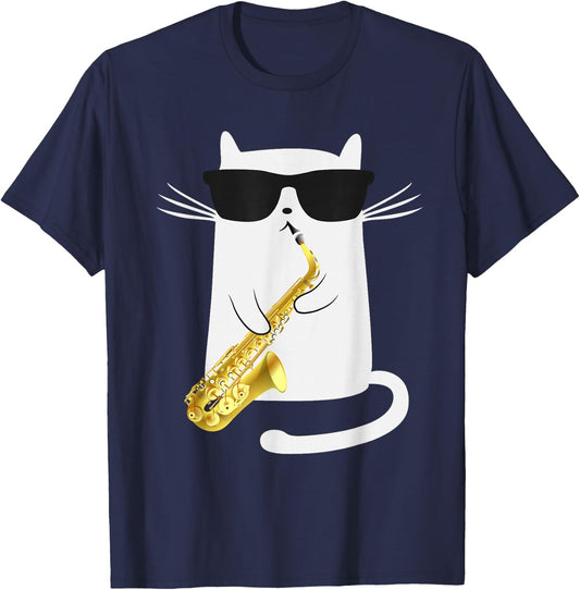 Funny Cat Wearing Sunglasses Playing Saxophone Gift T-Shirt - T-Shirt | Navy