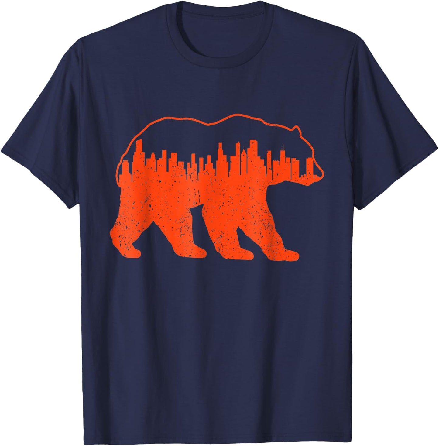 Vintage Downtown Chicago City Skyline Walking-Bear Novelty T-Shirt - T-Shirt | Navy