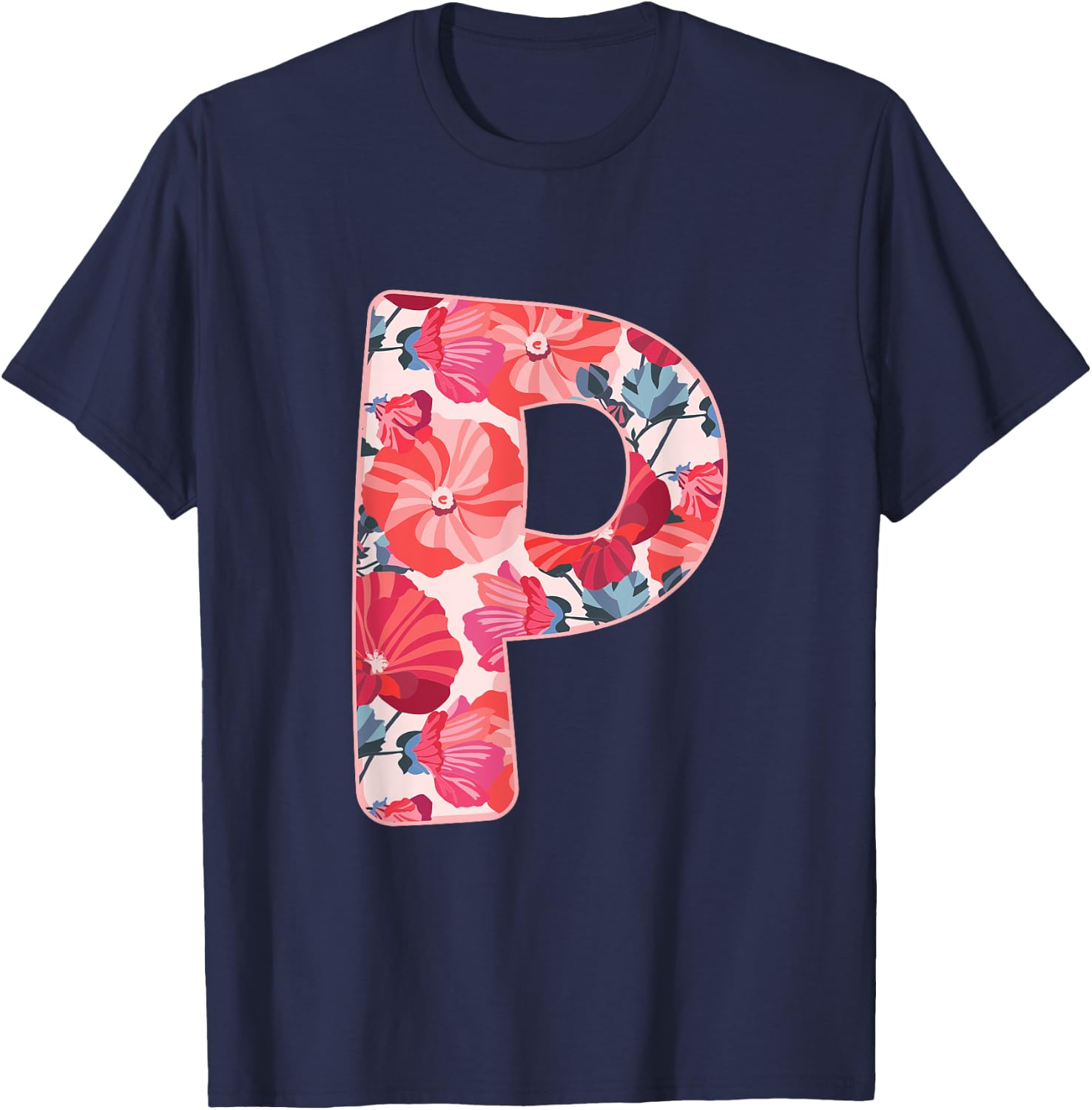 Letter P Alphabet First Name Consonant Flower Garden Gift T-Shirt - T-Shirt | Navy
