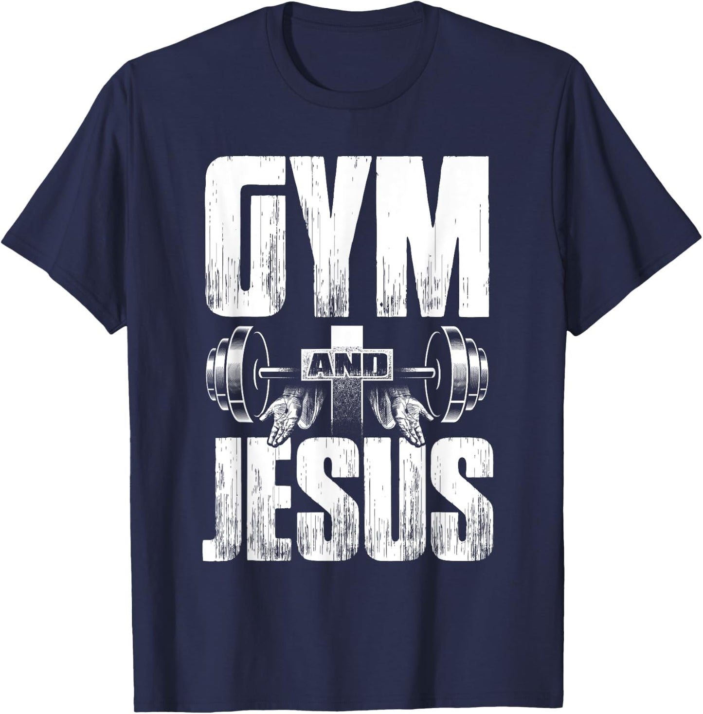 Fitness Fanatic By Pemissa Religious Workout Gym Jesus Barbell Lifting Weights Black Modern Letter Print T-Shirt - T-Shirt | Navy