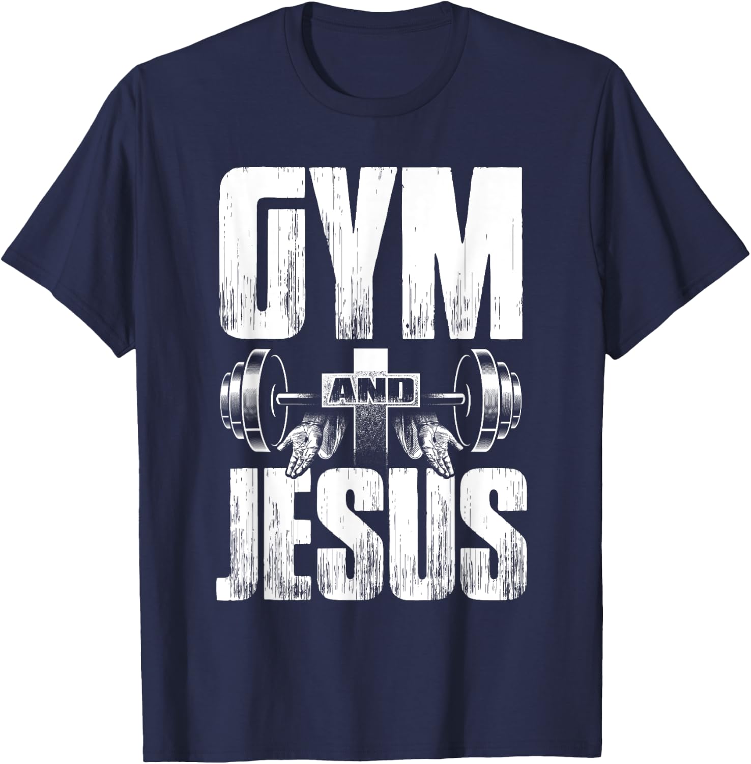 Fitness Fanatic By Pemissa Religious Workout Gym Jesus Barbell Lifting Weights Black Modern Letter Print T-Shirt - T-Shirt | Navy