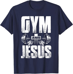 Fitness Fanatic By Pemissa Religious Workout Gym Jesus Barbell Lifting Weights Black Modern Letter Print T-Shirt - T-Shirt | Navy