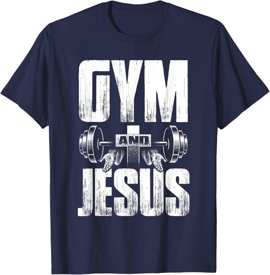 Fitness Fanatic By Pemissa Religious Workout Gym Jesus Barbell Lifting Weights Black Modern Letter Print T-Shirt - T-Shirt | Navy