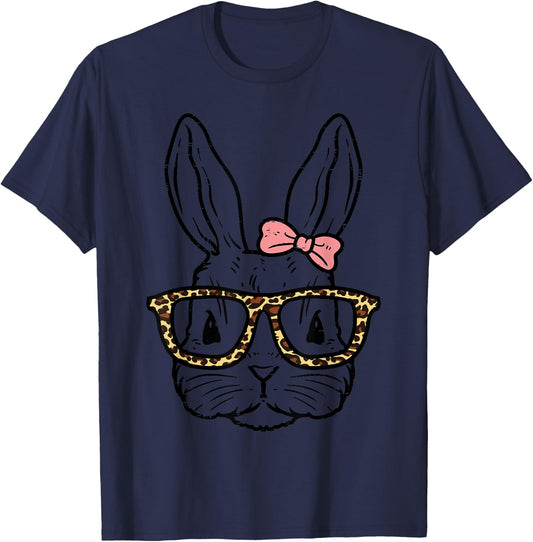 Rabbit Bunny Wearing Leopard Glasses Cute Easter Girls Women T-Shirt - T-Shirt | Navy