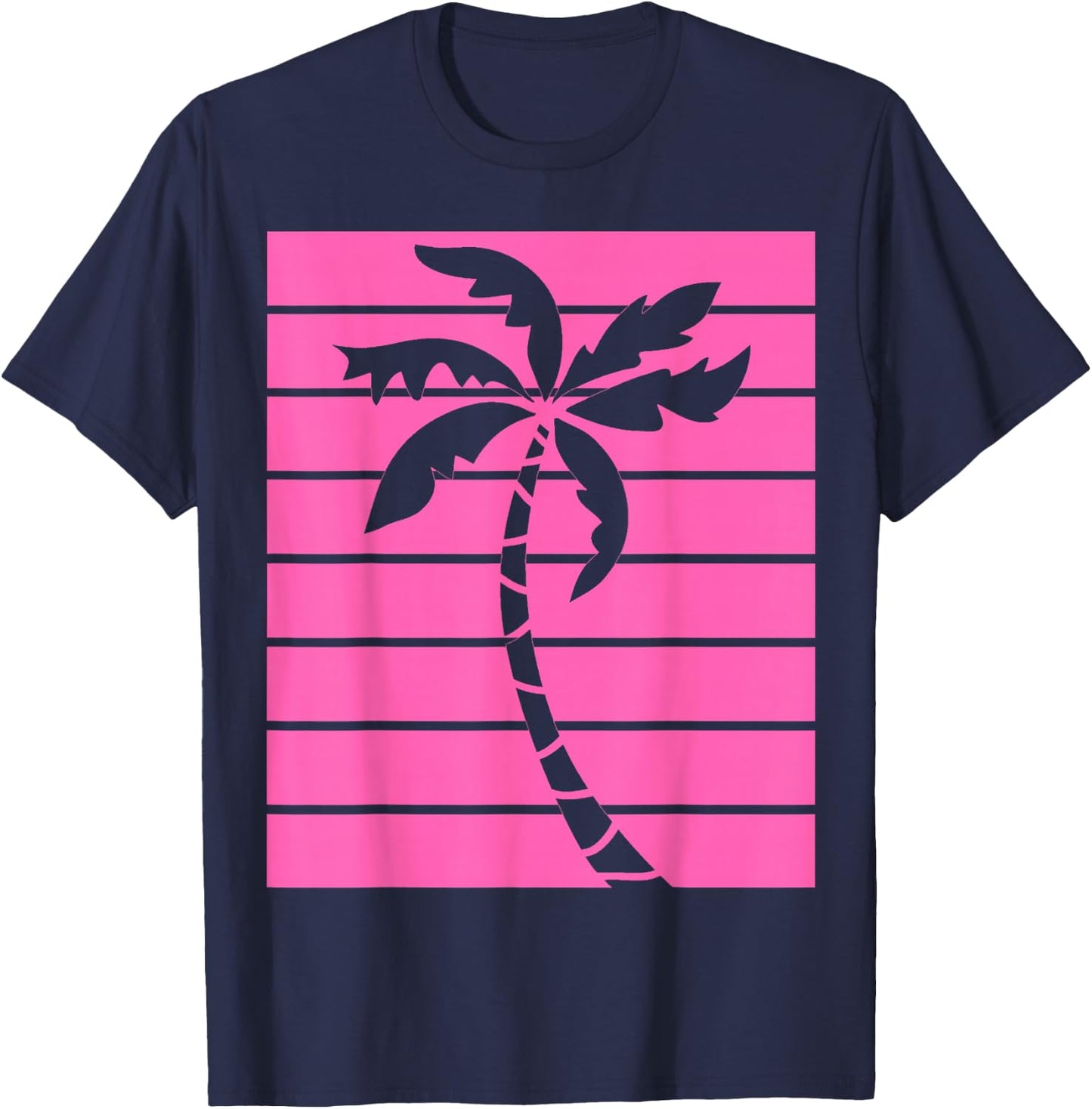 Vintage Retro Hot Pink Palm Tree Summer Beaches Lover Gift T-Shirt - T-Shirt | Navy