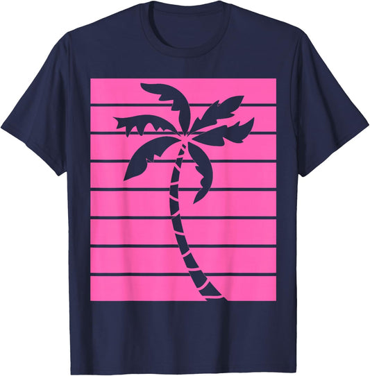 Vintage Retro Hot Pink Palm Tree Summer Beaches Lover Gift T-Shirt - T-Shirt | Navy