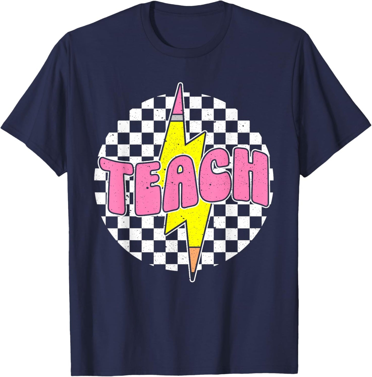 Checkered Teach Pencil Lightning Bolt Back To School T-Shirt - T-Shirt | Navy