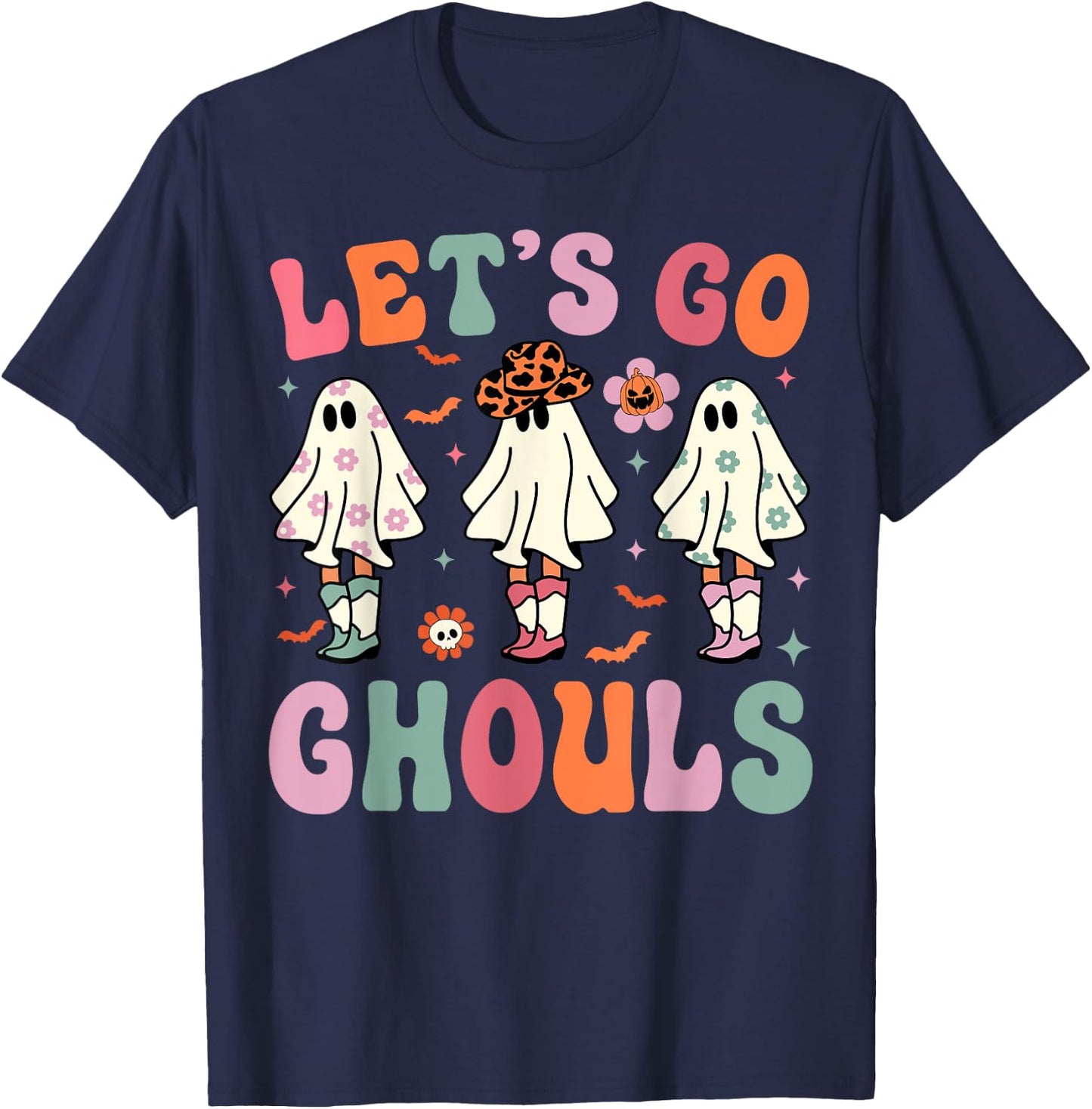 Let's Go Ghouls Ghost Cowgirls Groovy Halloween Party T-Shirt - T-Shirt | Navy