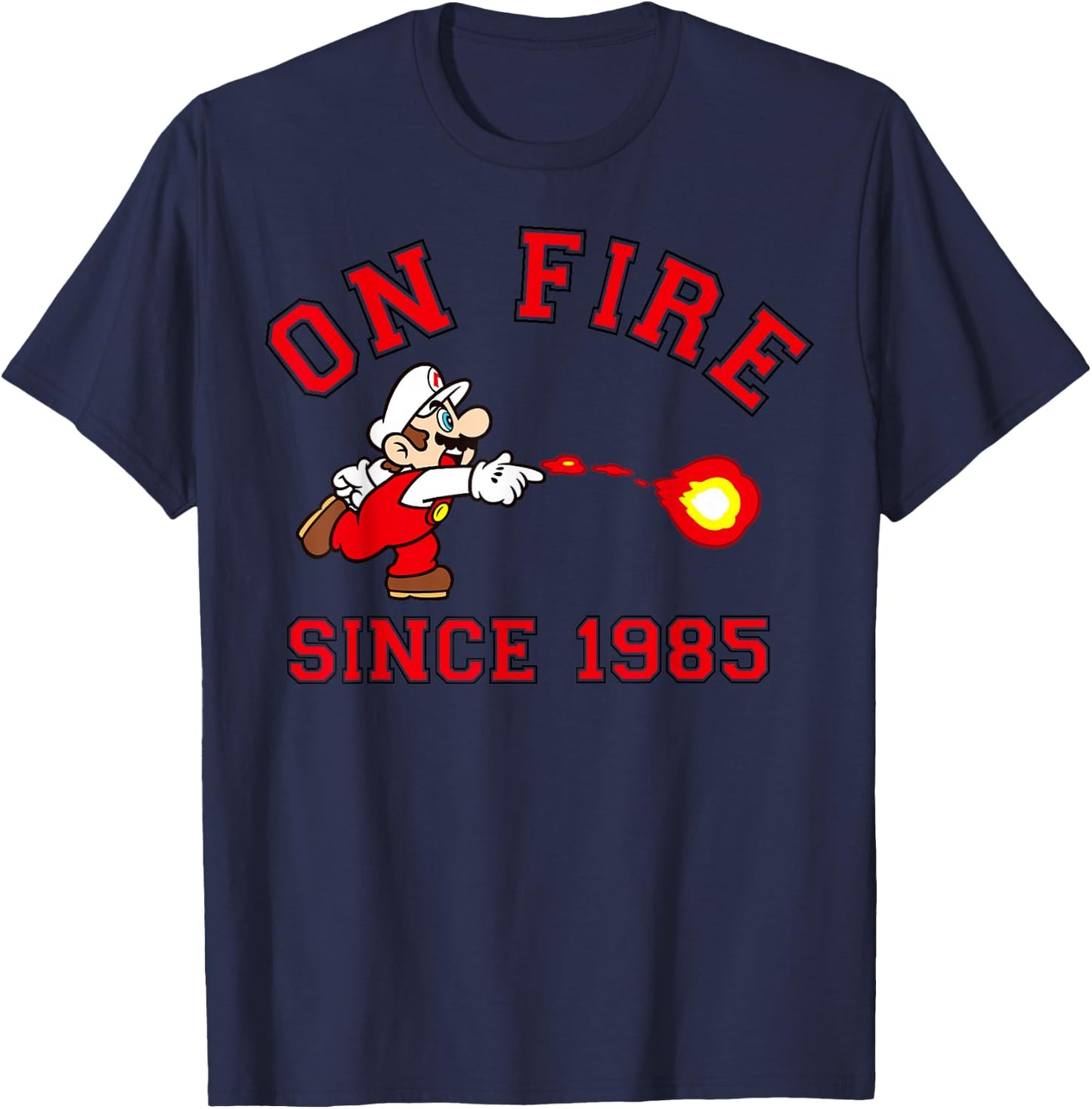 Super Mario Bros On Fire Since 1985 Red Text Collegiate T-Shirt - T-Shirt | Navy