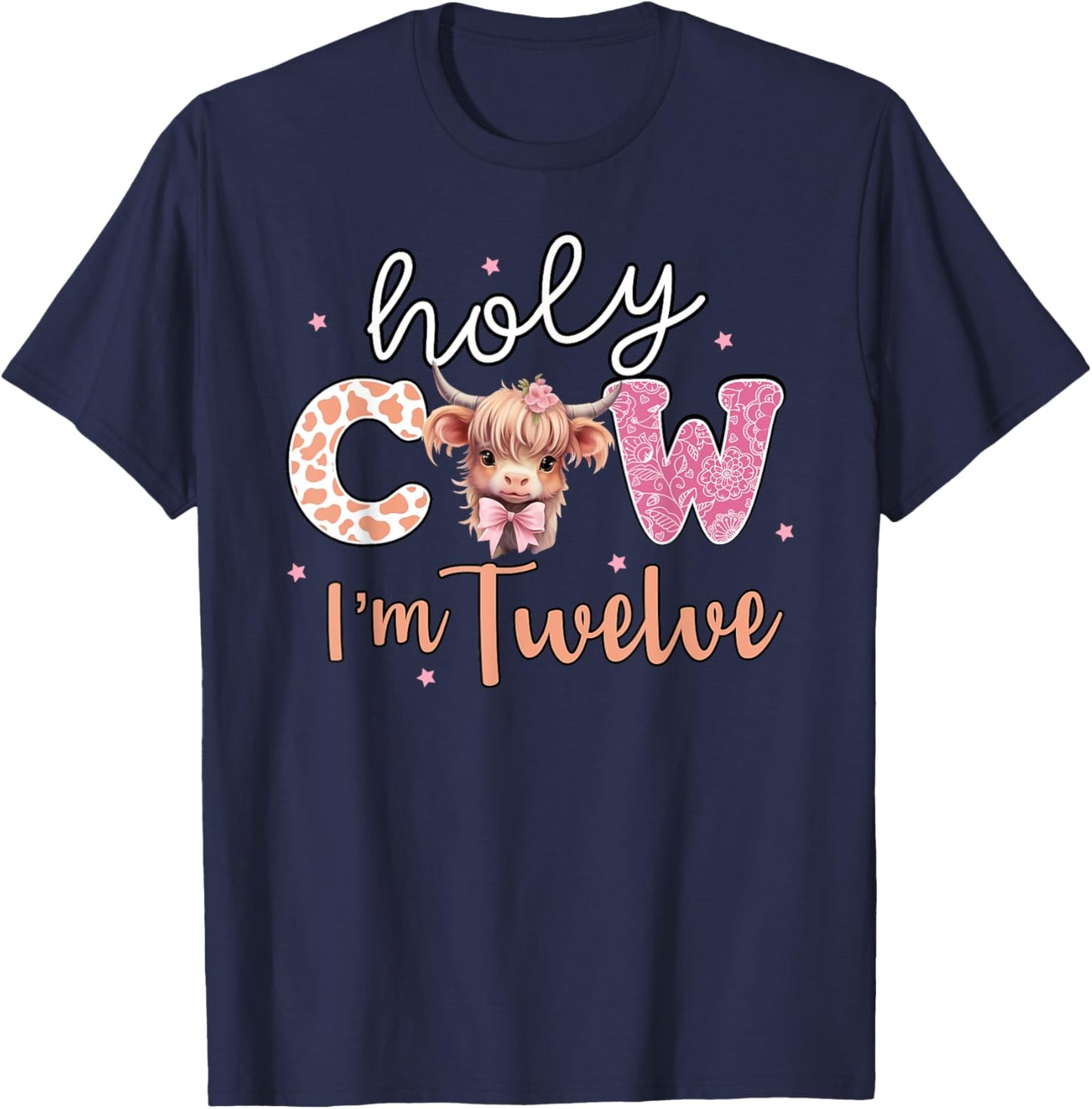 12th Birthday Shirt For Girls 12 Year Old Highland Cow Print T-Shirt - T-Shirt | Navy