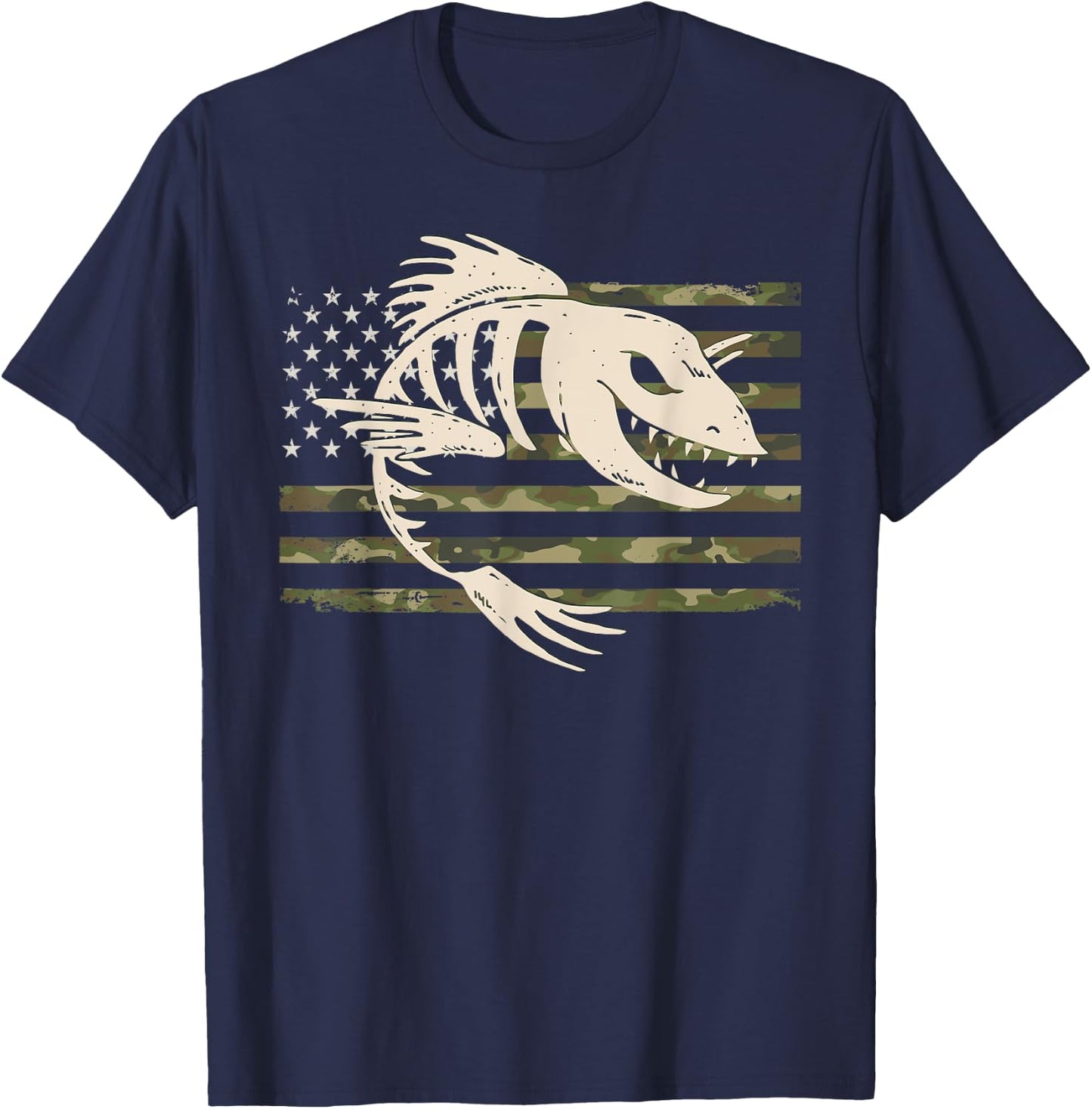 Fish Bones Skeleton Camo US American Flag Camouflage Fishing Men T-Shirt - T-Shirt | Navy