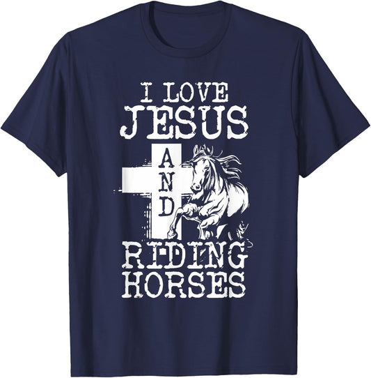 I Love Jesus And Riding Horses | Horse Girl Horseback Rider T-Shirt - T-Shirt | Navy