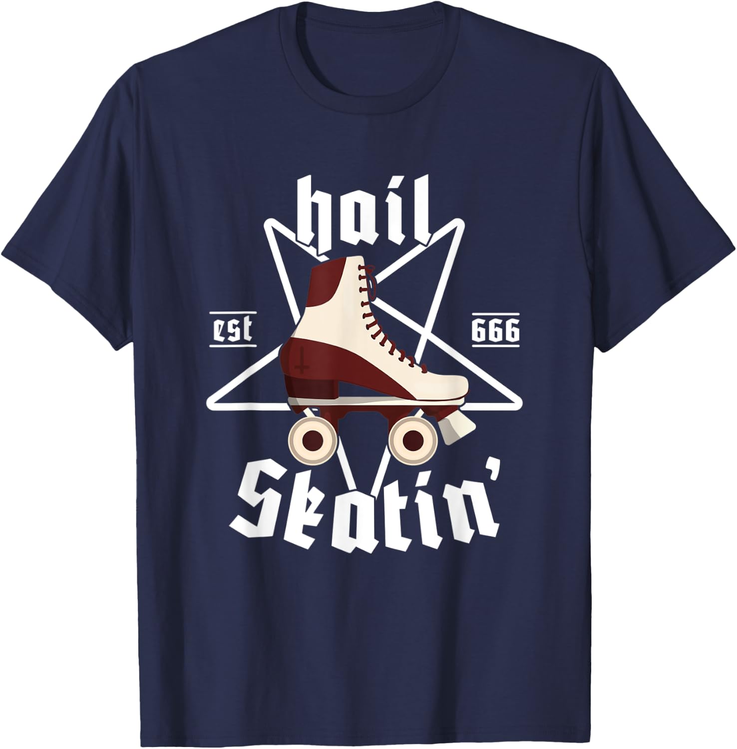 Satanic Cross Roller Skating Hail' Skatin' Satan Pentagram T-Shirt - T-Shirt | Navy