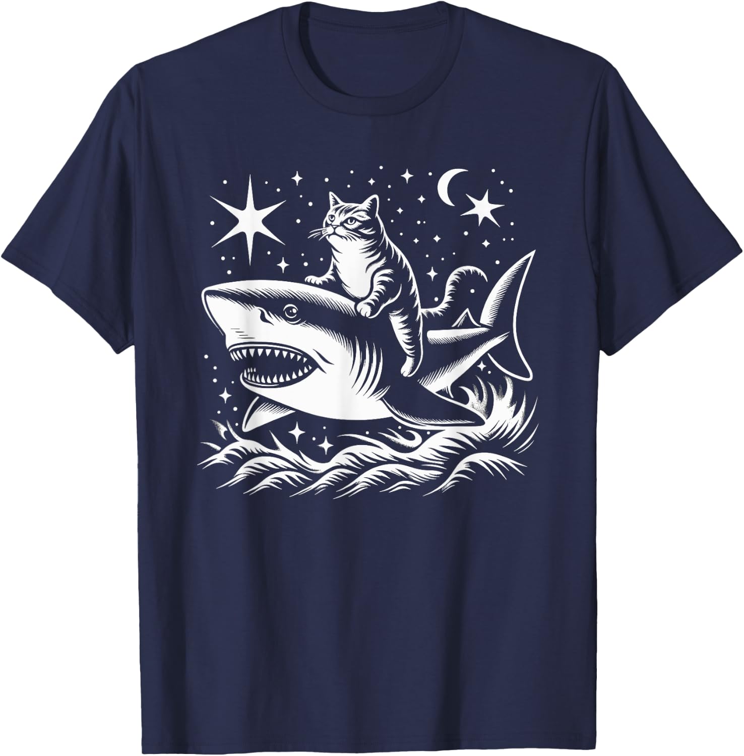 Cute Anime Cat Riding Shark Lover Kawaii Kitten Lover Kids T-Shirt - T-Shirt | Navy
