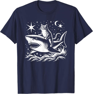 Cute Anime Cat Riding Shark Lover Kawaii Kitten Lover Kids T-Shirt - T-Shirt | Navy