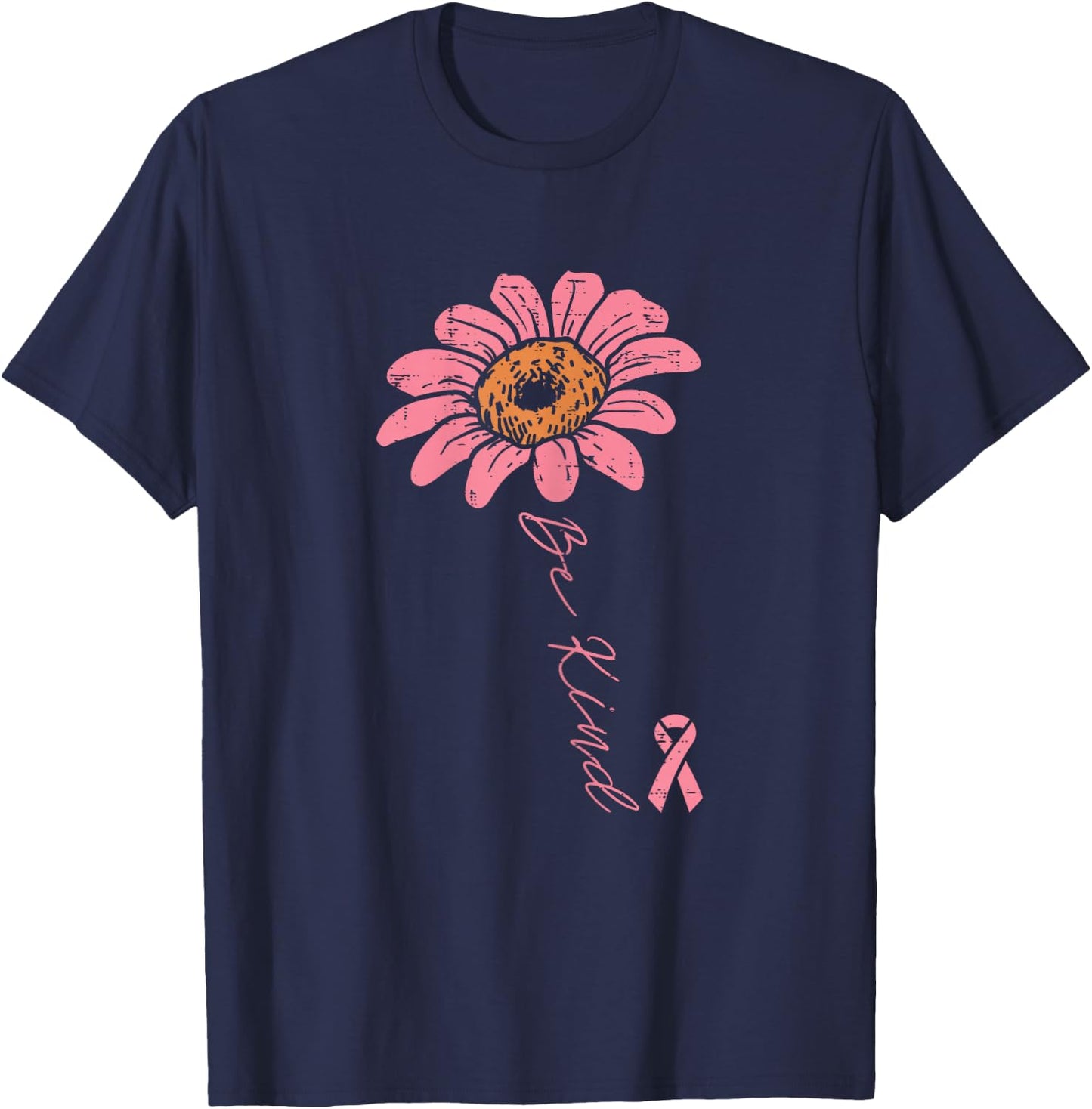Pink Ribbon Sunflower Be Kind Breast Cancer Awareness Women T-Shirt - T-Shirt | Navy