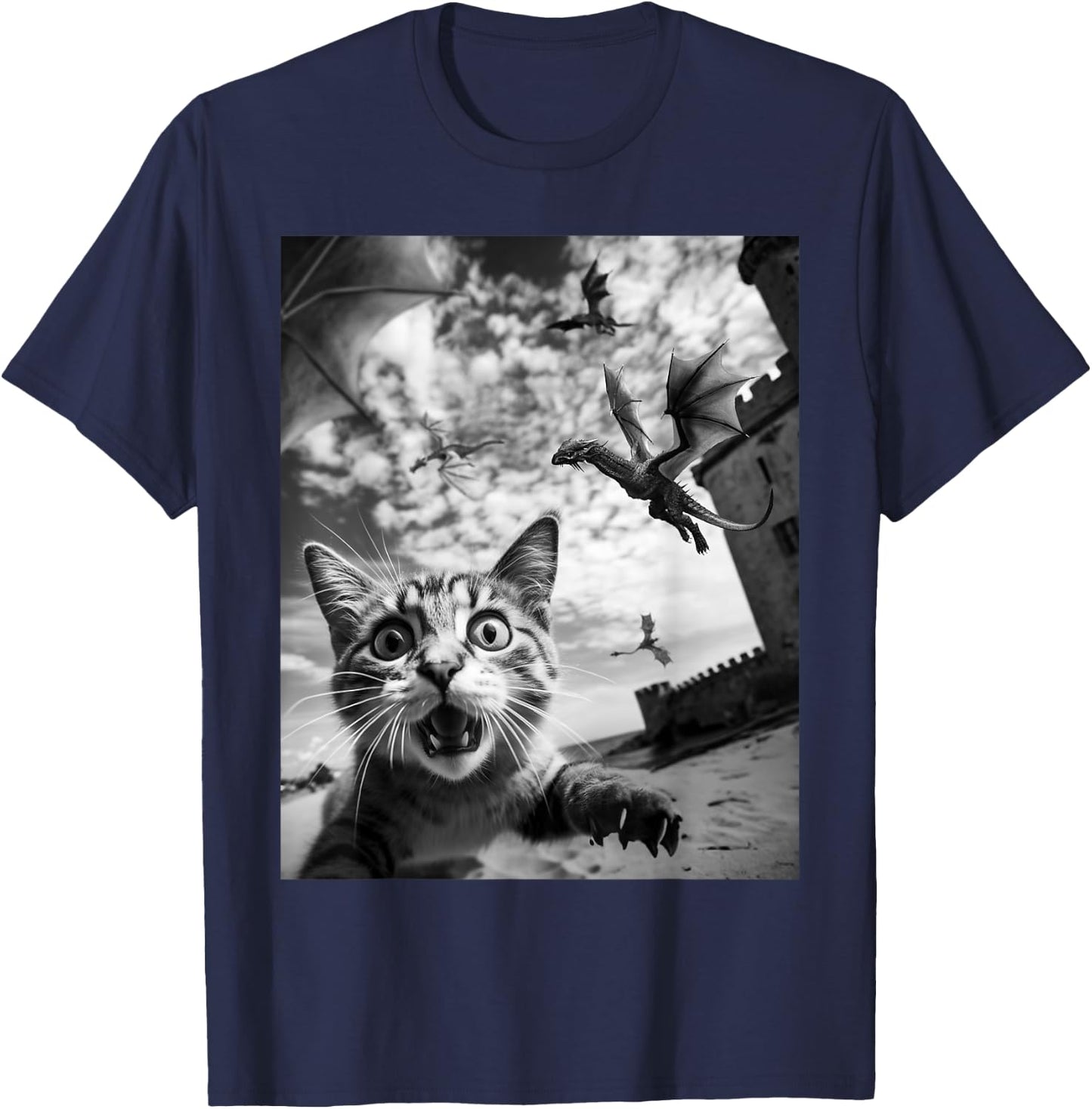 Funny Cat Selfie with Dragons T-Shirt - T-Shirt | Navy