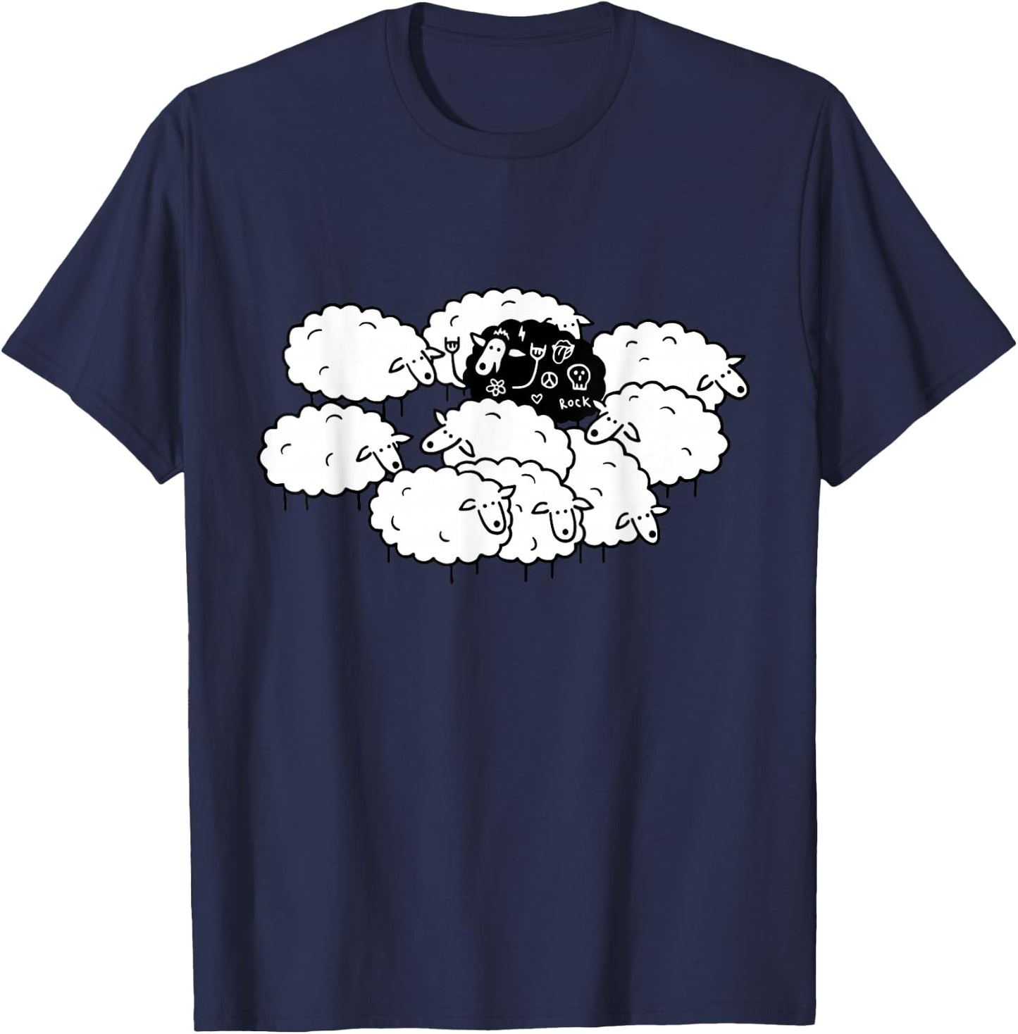 Rock-n-Roll Peace Love Black Sheep Funny Animals Graphic Art T-Shirt - T-Shirt | Navy