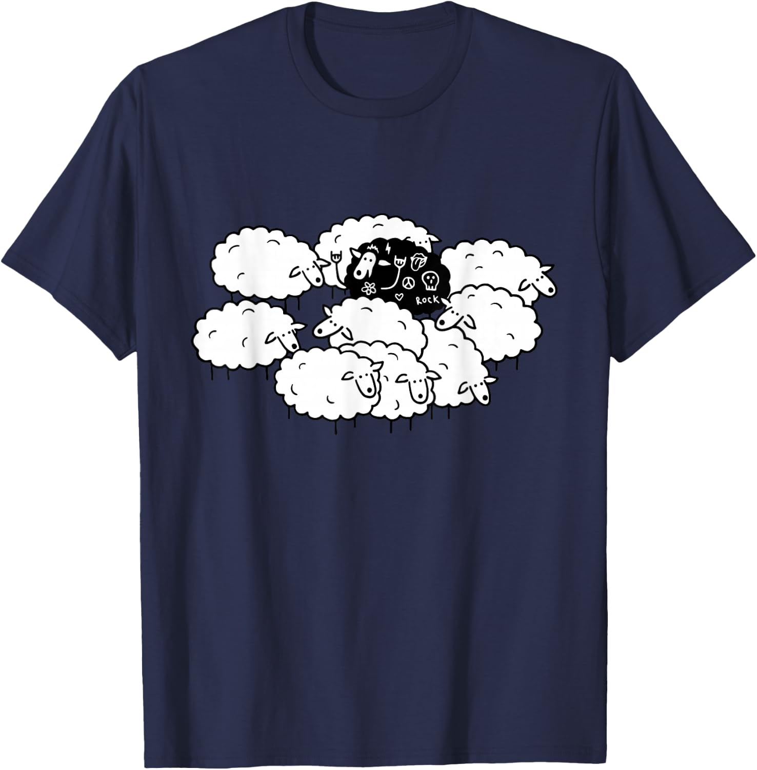 Rock-n-Roll Peace Love Black Sheep Funny Animals Graphic Art T-Shirt - T-Shirt | Navy
