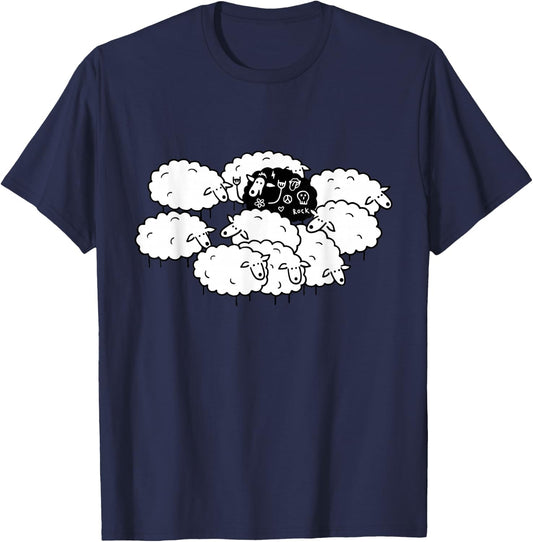 Rock-n-Roll Peace Love Black Sheep Funny Animals Graphic Art T-Shirt - T-Shirt | Navy