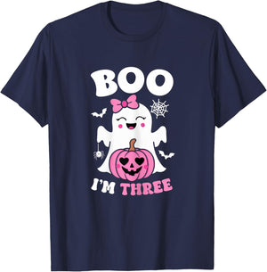 Ghost Boo I'm Three Year 3rd Birthday Girls Halloween Groovy T-Shirt - T-Shirt | Navy