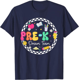 Pre-K Dream Team Groovy Back To School Pre-K Squad Teacher T-Shirt - T-Shirt | Navy