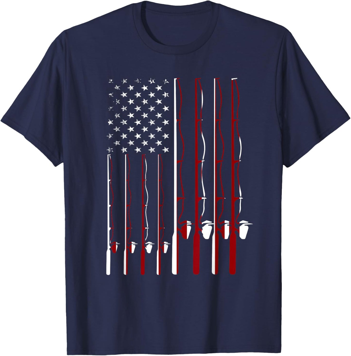 Fishing Pole American Flag 4th Of July Patriotic Men Women T-Shirt - T-Shirt | Navy