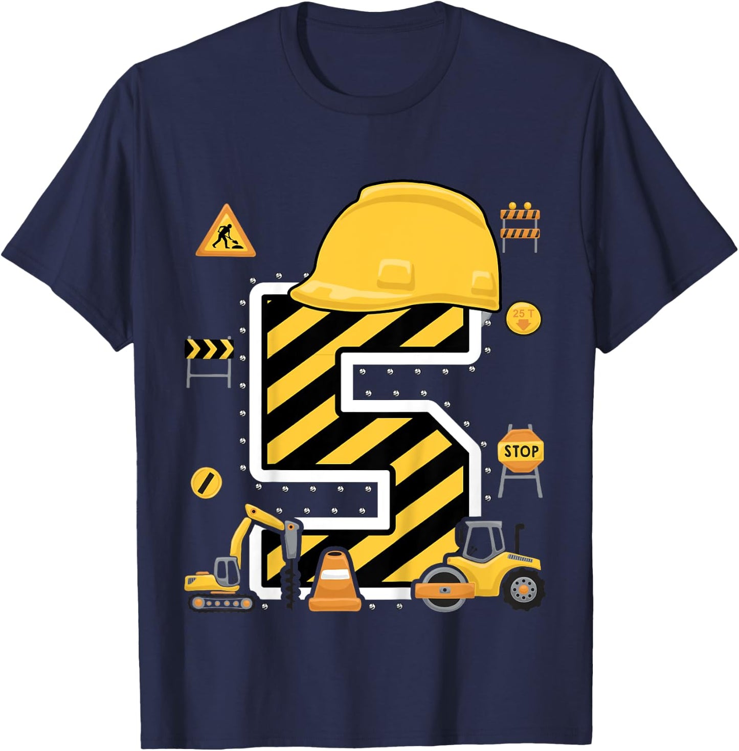Construction Five Birthday Kids 5 Years Old 5th Birthday T-Shirt - T-Shirt | Navy