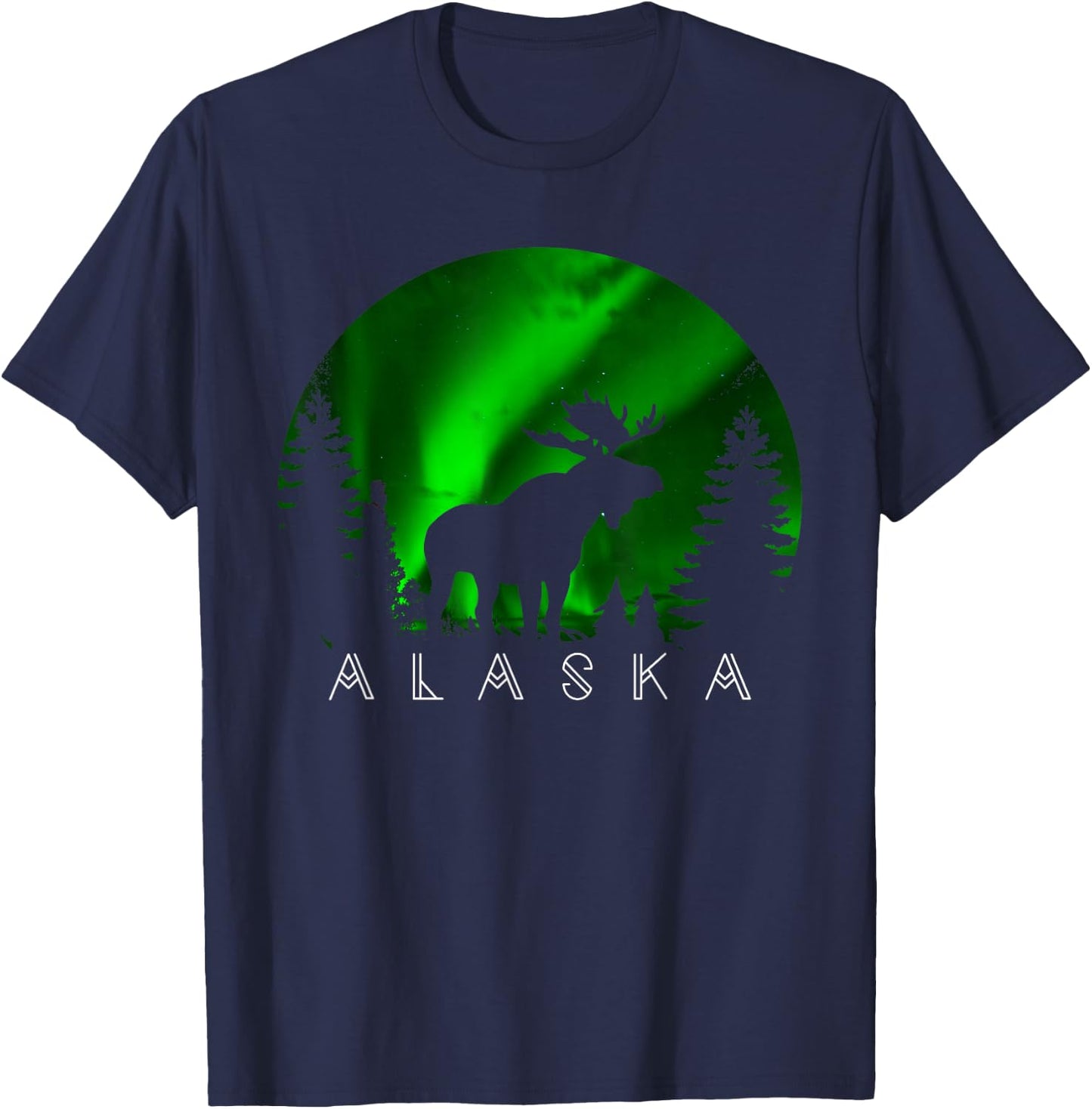 Alaska Moose Aurora Borealis Alaskan Landscape Scene T-Shirt - T-Shirt | Navy