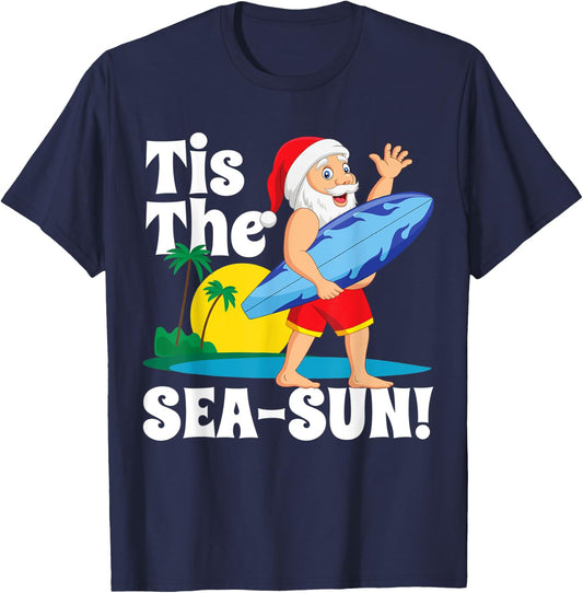 Surfing Santa Tis The Sea-Sun Christmas In July Surf Gift T-Shirt - T-Shirt | Navy