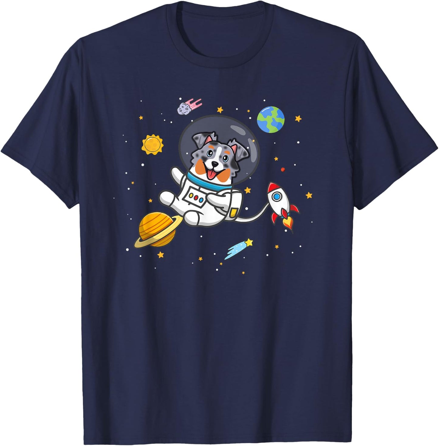 Funny Kawaii Kids Space Blue Merle Australian Shepherd Lover T-Shirt - T-Shirt | Navy