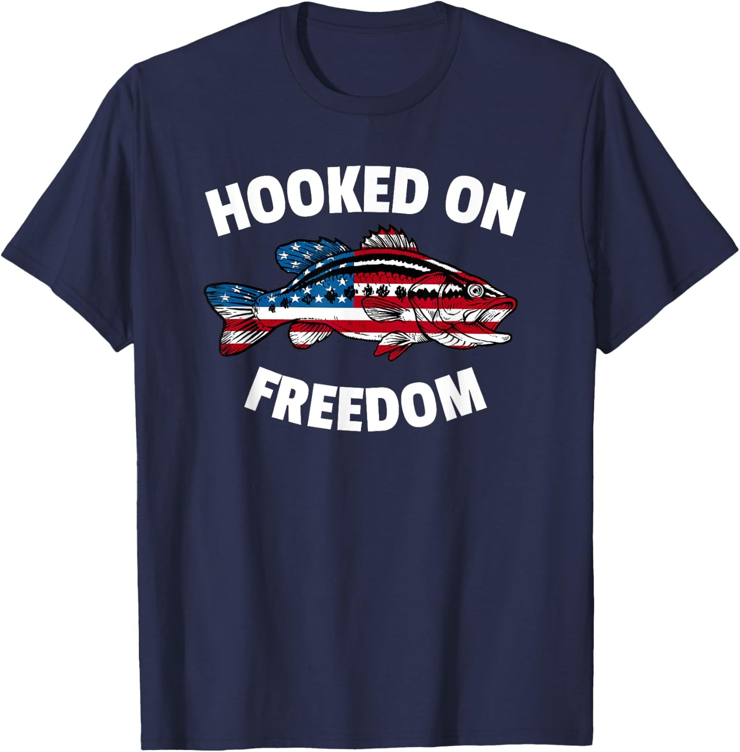 4th of July Fishing American Flag Bass Hooked On Freedom Women Kids Men T-Shirt - T-Shirt | Navy